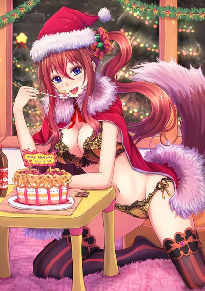 Anime picture 989x1400 with original suikakitsu shiro single long hair tall image looking at viewer blush fringe breasts blue eyes light erotic hair between eyes bent knee (knees) red hair tail animal tail blurry fur trim kneeling side ponytail