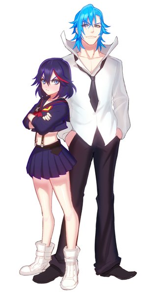 Anime picture 490x906 with kill la kill studio trigger matoi ryuuko senketsu mikisugi aikurou lloule tall image looking at viewer short hair blue eyes black hair simple background smile white background blue hair multicolored hair two-tone hair bare belly streaked hair crossed arms
