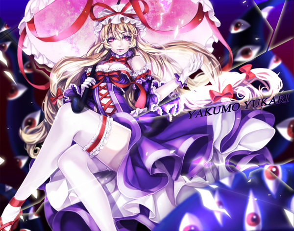 Anime picture 1000x787 with touhou yakumo yukari bbbox (hotpppink) single long hair looking at viewer blonde hair red eyes bare shoulders crossed legs eyes girl thighhighs dress gloves bow ribbon (ribbons) hair bow white thighhighs frills