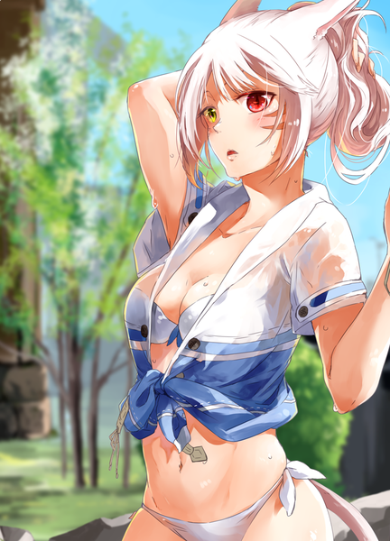 Anime picture 865x1200 with final fantasy final fantasy xiv square enix miqo'te lili mdoki single long hair tall image blush breasts light erotic red eyes standing holding animal ears yellow eyes cleavage white hair tail parted lips