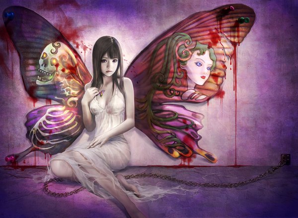 Anime picture 1500x1097 with original eat0123 single long hair looking at viewer fringe black hair sitting purple eyes blunt bangs barefoot realistic tattoo torn clothes against wall skeleton insect wings butterfly wings girl dress