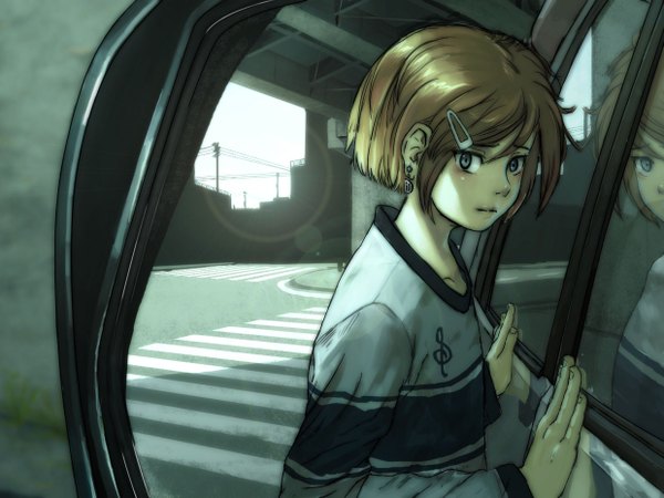Anime picture 1240x930 with vocaloid kagamine rin horuda single short hair blue eyes blonde hair lens flare reflection bob cut girl earrings jewelry ground vehicle mirror car