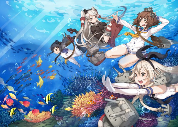 Anime picture 1400x1001 with kantai collection shimakaze destroyer rensouhou-chan amatsukaze destroyer rensouhou-kun yukikaze destroyer tokitsukaze destroyer yuu (higashi no penguin) long hair open mouth black hair blonde hair smile brown hair multiple girls brown eyes looking away silver hair :d black eyes