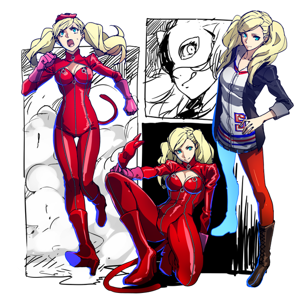 Anime picture 800x800 with persona 5 persona takamaki anne pizaya long hair open mouth light erotic blonde hair twintails cleavage aqua eyes hand on hip mask on head running multiple persona manga girl gloves bodysuit mask