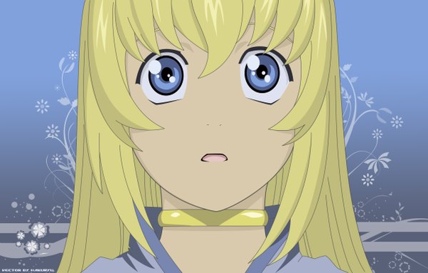 Anime picture 2408x1536 with tales of (series) tales of symphonia collet brunel single looking at viewer fringe highres open mouth blue eyes blonde hair hair between eyes payot upper body close-up vector surprised girl collar