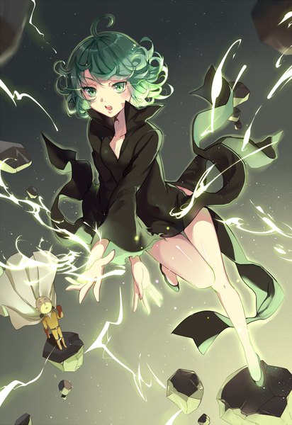 Anime picture 1624x2361 with one-punch man madhouse tatsumaki saitama (one-punch man) ekita xuan tall image short hair open mouth green eyes ahoge bent knee (knees) green hair gradient background magic looking up crossed arms lightning bald girl dress
