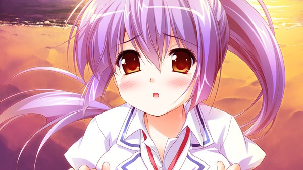 Anime picture 1024x576 with harumade kururu long hair blush wide image brown eyes game cg purple hair ponytail tears girl uniform school uniform