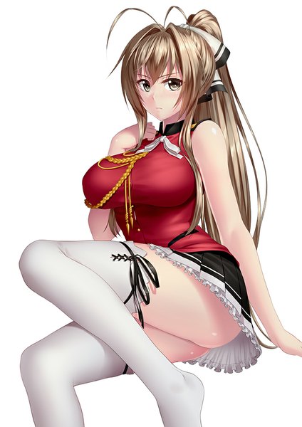 Anime picture 707x1000 with amagi brilliant park kyoto animation sento isuzu kai (link2262) single long hair tall image looking at viewer breasts light erotic simple background brown hair large breasts white background brown eyes ass ponytail girl thighhighs skirt