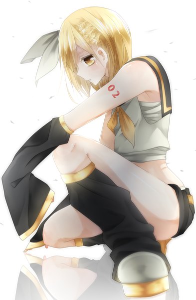 Anime picture 1059x1618 with vocaloid kagamine rin yuzuki (yuzuha) single tall image short hair simple background blonde hair white background yellow eyes girl bow hair bow detached sleeves boots