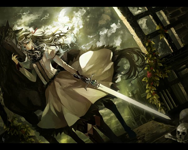 Anime picture 1094x876 with original nako (nonrain) single long hair fringe cloud (clouds) sunlight grey eyes heterochromia evening sunset skull and crossbones girl dress gloves flower (flowers) weapon plant (plants) sword boots