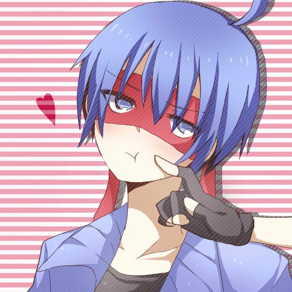 Anime picture 1000x1000 with happy tree friends splendid (htf) narusegawa riko single blush highres short hair blue eyes blue hair striped background personification boy fingerless gloves mask