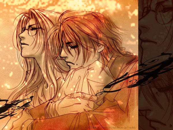 Anime picture 1280x960 with hellsing alucard (hellsing) integra wingates hellsing solid&etc long hair short hair blonde hair brown hair eyes closed profile sunlight couple hug monochrome girl boy gloves shirt glasses cloak