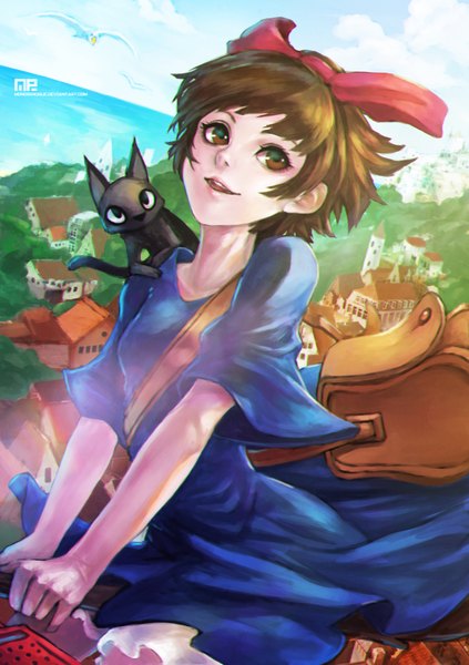 Anime picture 2476x3508 with kiki's delivery service studio ghibli kiki jiji monori rogue single tall image highres short hair smile brown hair brown eyes sky cloud (clouds) black eyes girl dress bow hair bow animal