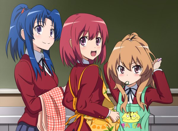 Anime picture 1200x880 with toradora j.c. staff aisaka taiga kawashima ami kushieda minori wingheart long hair short hair open mouth brown hair purple eyes multiple girls brown eyes blue hair ponytail red hair pink eyes looking back group girl