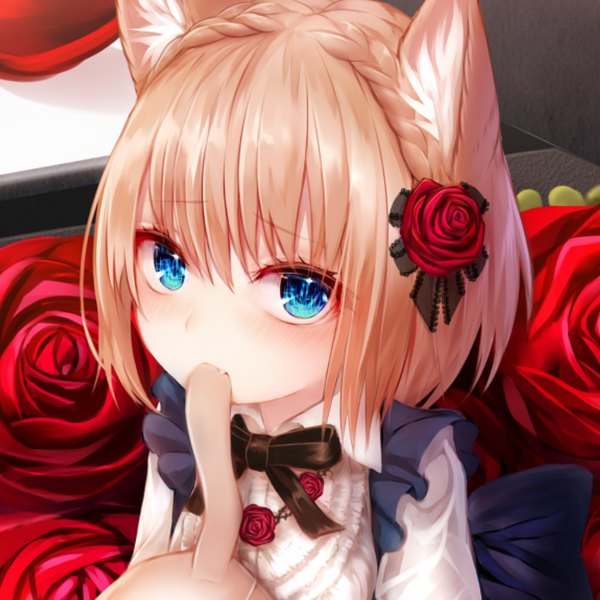 Anime picture 1000x1000 with original suke single looking at viewer blush short hair blue eyes blonde hair holding animal ears upper body tail braid (braids) animal tail cat ears maid cat girl cat tail fang (fangs) mouth hold