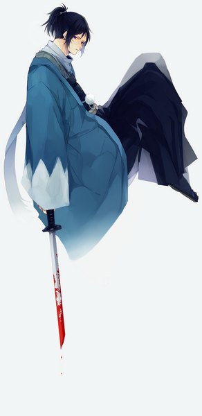 Anime picture 767x1575 with touken ranbu nitroplus yamato no kami yasusada hanamori single tall image short hair blue eyes black hair simple background white background full body ponytail traditional clothes japanese clothes bloody weapon shinsengumi boy weapon sword