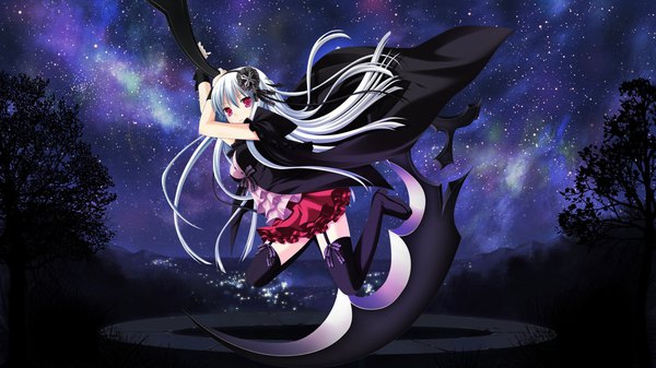 Anime picture 1920x1080 with original totuka siimeo single long hair looking at viewer fringe highres hair between eyes red eyes wide image holding full body white hair jumping city lights girl thighhighs skirt hair ornament