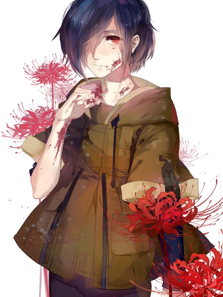 Anime picture 1500x2000 with tokyo ghoul studio pierrot kirishima touka dj.adonis single tall image looking at viewer fringe short hair red eyes standing white background purple hair hair over one eye bloody clothes girl flower (flowers) blood higanbana