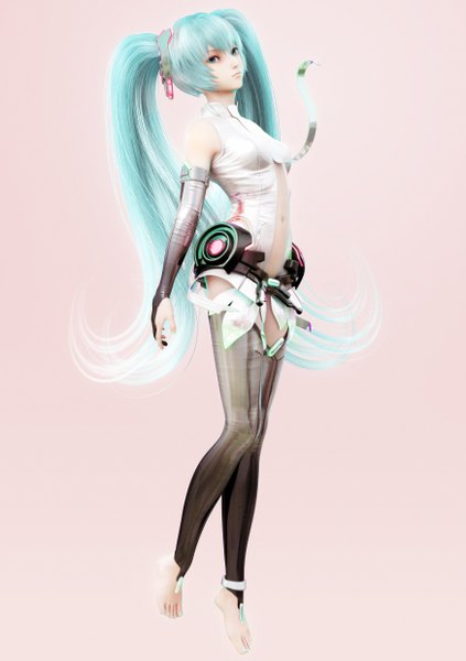 Anime picture 1748x2480 with vocaloid vocaloid append hatsune miku hatsune miku (append) ikedan single tall image highres twintails bare shoulders very long hair barefoot aqua eyes lips realistic aqua hair 3d girl thighhighs gloves