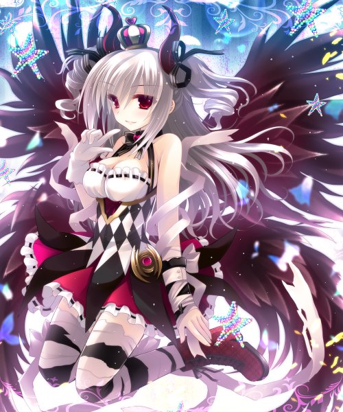 Anime picture 1000x1200 with idolmaster idolmaster cinderella girls kanzaki ranko kannonouji single long hair tall image red eyes bare shoulders silver hair horn (horns) drill hair bondage awakened devil lord girl thighhighs dress gloves wings striped thighhighs