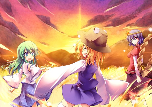 Anime picture 2480x1754 with touhou kochiya sanae moriya suwako yasaka kanako long hair highres short hair open mouth blonde hair smile red eyes multiple girls blue hair cloud (clouds) eyes closed traditional clothes aqua eyes green hair holding hands mountain