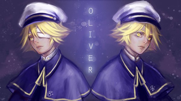 Anime picture 1600x900 with vocaloid oliver yatoko blonde hair wide image yellow eyes inscription scar dual persona purple background bandage over one eye boy hat blood bandage (bandages) sailor hat