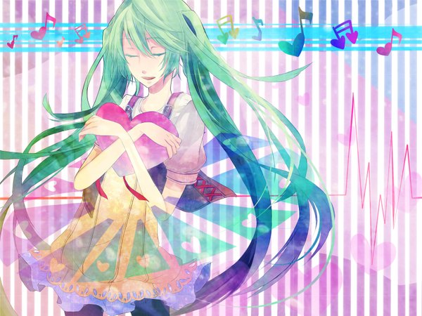 Anime picture 1536x1152 with vocaloid hatsune miku zero14 long hair twintails eyes closed green hair hug striped striped background girl heart
