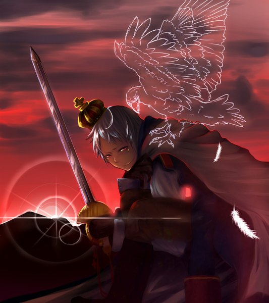 Anime picture 1137x1280 with axis powers hetalia studio deen pixiv prussia (hetalia) single tall image looking at viewer short hair smile red eyes sky cloud (clouds) white hair evening sunset albino boy weapon animal sword