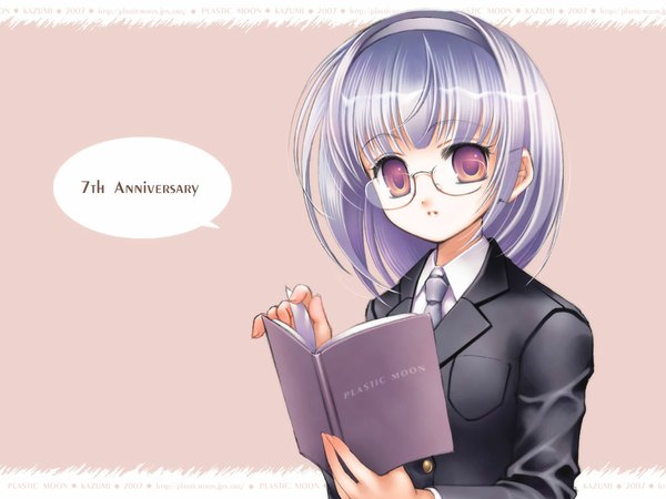 Anime picture 1024x768 with original plastic moon single long hair looking at viewer simple background purple hair pink eyes wallpaper formal anniversary girl glasses book (books) headband speech bubble