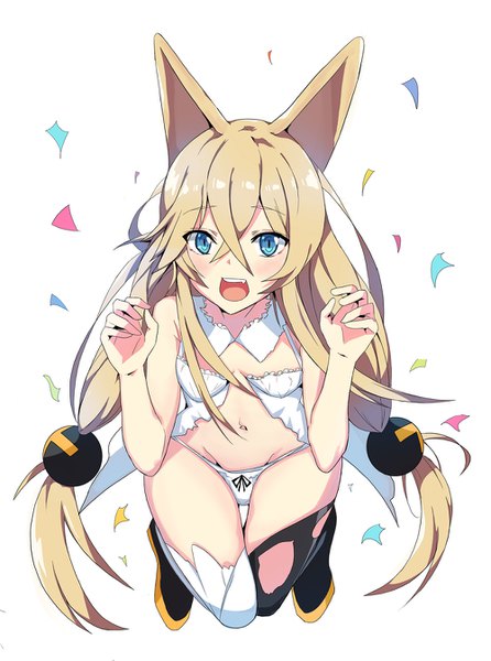 Anime picture 1000x1345 with girls frontline g41 (girls frontline) ururu single tall image looking at viewer blush fringe open mouth blue eyes light erotic blonde hair simple background smile hair between eyes white background twintails bare shoulders animal ears cleavage