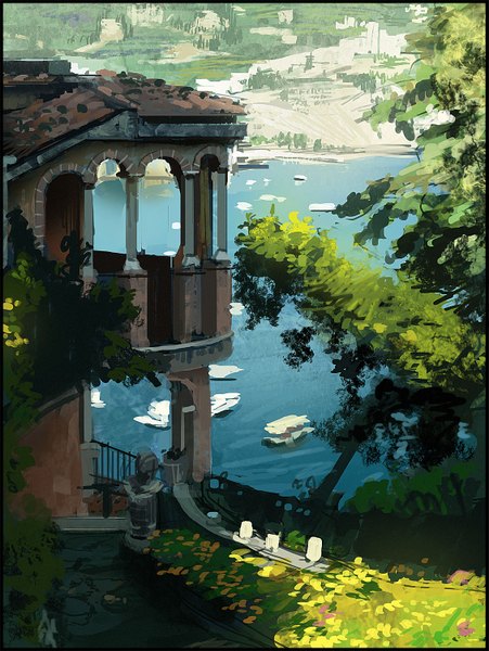 Anime picture 1129x1500 with original lownine (amuza) tall image border no people scenic lake plant (plants) tree (trees) building (buildings) watercraft boat