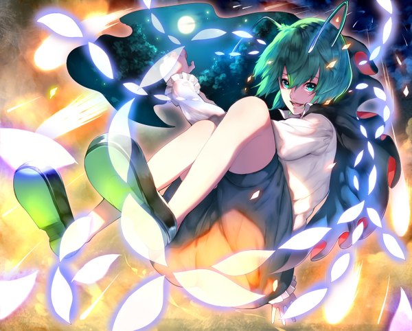 Anime picture 1546x1243 with touhou wriggle nightbug tsukimoto aoi single looking at viewer short hair open mouth green eyes green hair night magic girl plant (plants) tree (trees) shorts cape full moon