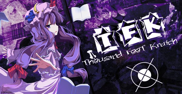 Anime picture 2000x1043 with touhou patchouli knowledge k.g single long hair highres wide image purple eyes purple hair girl bow hair bow hat book (books)