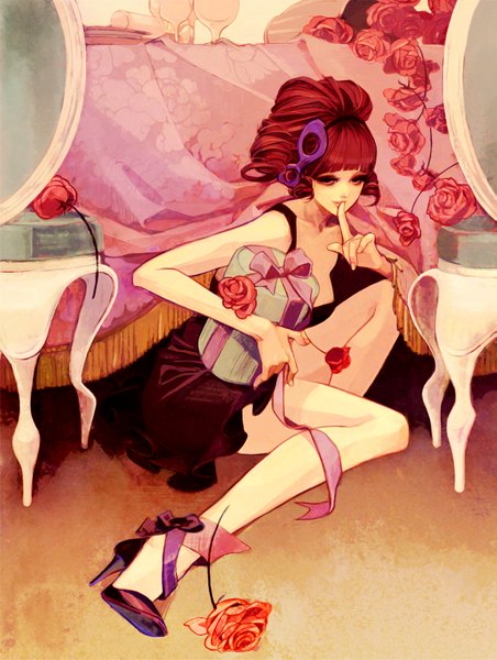 Anime picture 1179x1563 with matsuo hiromi single tall image brown hair sitting bare shoulders light smile black eyes finger to mouth girl dress flower (flowers) rose (roses) mask short dress chair table gift wine glass box