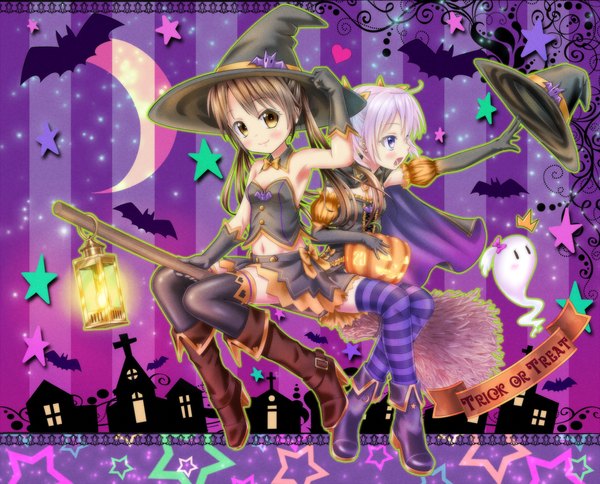 Anime picture 1203x972 with original gotou hisashi long hair blush open mouth smile brown hair purple eyes twintails multiple girls yellow eyes white hair loli halloween witch striped background trick or treat girl thighhighs gloves