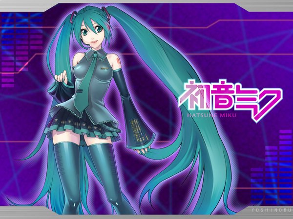 Anime picture 1600x1200 with vocaloid hatsune miku chimachi single looking at viewer fringe smile hair between eyes standing twintails bare shoulders very long hair nail polish parted lips aqua eyes aqua hair tattoo character names body writing girl