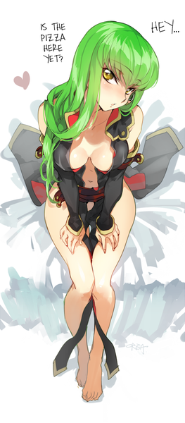 Anime picture 500x1140 with code geass sunrise (studio) c.c. creayus single long hair tall image looking at viewer blush breasts open mouth light erotic simple background sitting yellow eyes long sleeves head tilt barefoot green hair from above
