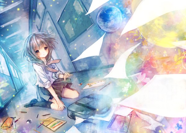 Anime picture 1280x917 with original torii sumi single short hair sitting brown eyes blue hair girl skirt uniform school uniform window school bag paper pencil eraser pencil case hallway