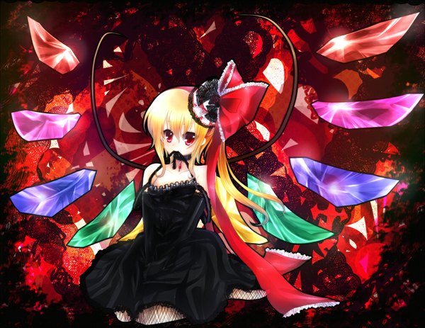 Anime picture 1000x772 with touhou flandre scarlet tomcho (artist) single blonde hair red eyes girl dress gloves hair ornament wings elbow gloves black dress crystal