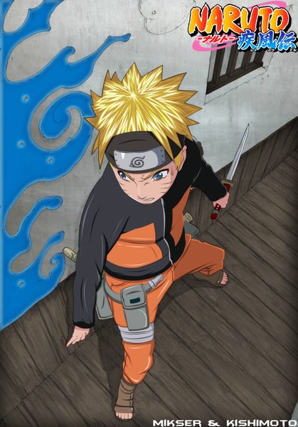 Anime picture 1538x2200 with naruto studio pierrot naruto (series) uzumaki naruto gold-mk single tall image short hair blue eyes blonde hair from above inscription grin coloring facial mark whisker markings angry jinchuriki boy weapon