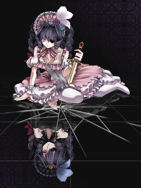 Anime picture 768x1024 with original ryuki@maguro-ex long hair tall image black hair twintails pink eyes drill hair girl thighhighs dress weapon black thighhighs sword frills feather (feathers) eyepatch bonnet