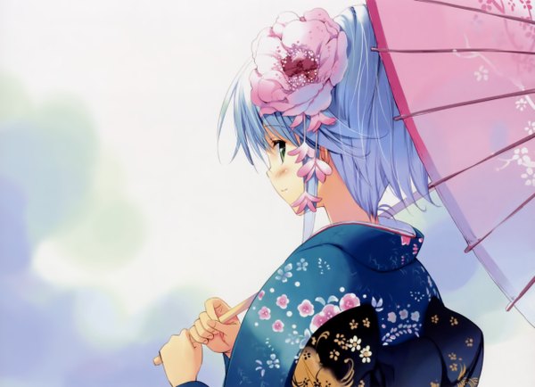 Anime picture 4918x3558 with soshite ashita no sekai yori mizumori minami ueda ryou single looking at viewer blush highres short hair absurdres purple hair japanese clothes hair flower girl hair ornament kimono umbrella