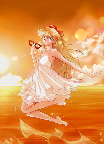 Anime picture 1024x1419 with bishoujo senshi sailor moon toei animation aino minako kristallin-f (artist) single long hair tall image looking at viewer blue eyes blonde hair smile bare shoulders holding sky cloud (clouds) barefoot sleeveless evening sunset jumping