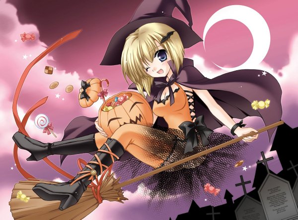 Anime picture 1280x945 with original minase lin looking at viewer blush short hair open mouth blue eyes blonde hair sky one eye closed wink halloween flying witch crescent girl thighhighs food boots sweets