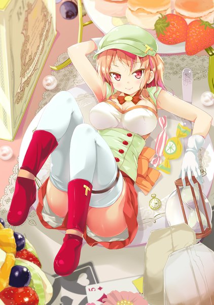 Anime picture 704x1000 with original porurin single long hair tall image looking at viewer blush red eyes pink hair lying on back minigirl girl thighhighs skirt gloves miniskirt white thighhighs food boots