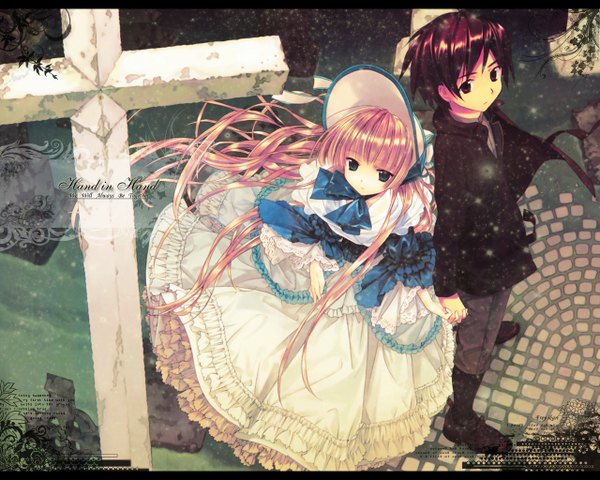 Anime picture 1280x1024 with gosick studio bones long hair blue eyes blonde hair brown hair brown eyes wind snowing letterboxed winter goth-loli bow cross