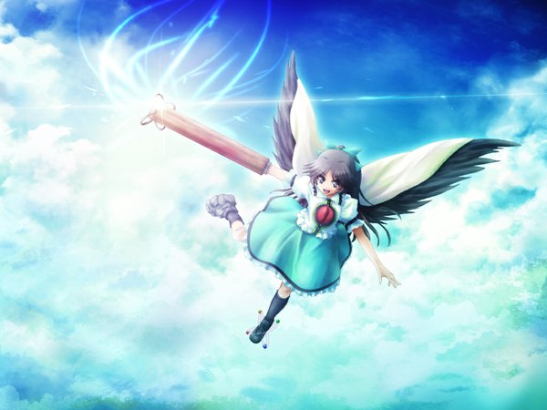 Anime picture 1024x768 with touhou reiuji utsuho akashio (loli ace) long hair brown hair sky wallpaper flying arm cannon girl wings