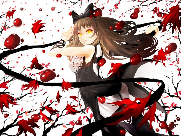 Anime picture 1082x811 with rwby rooster teeth blake belladonna ted (taiwan) single long hair simple background brown hair white background yellow eyes girl thighhighs dress bow black thighhighs hair bow blood