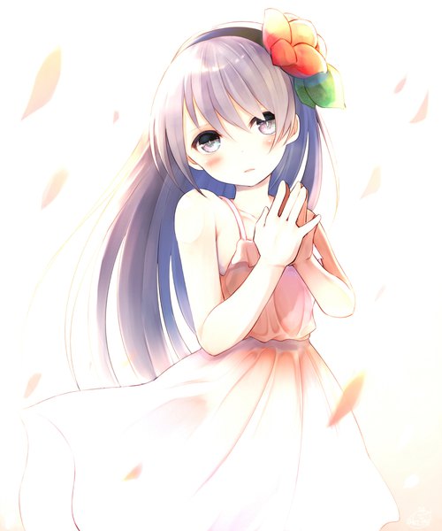 Anime picture 1665x2000 with original chita (ketchup) single long hair tall image looking at viewer blush fringe simple background hair between eyes standing white background bare shoulders pink hair parted lips head tilt hair flower wind grey eyes sleeveless