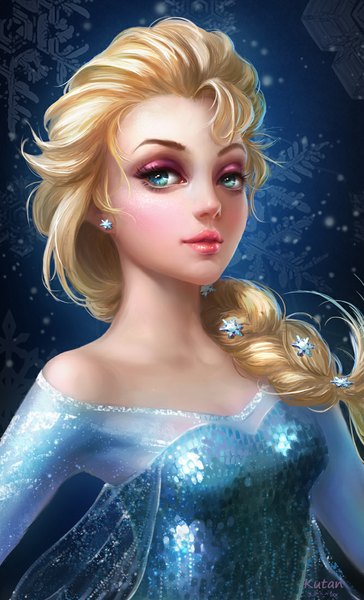 Anime picture 668x1100 with frozen (disney) disney elsa (frozen) kutanyun single long hair tall image looking at viewer blush blue eyes simple background blonde hair bare shoulders signed braid (braids) single braid snowing dress hair ornament earrings
